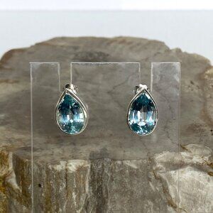 Sterling Silver 925 14K Gold Pear Shaped Chunky Blue Topaz Stud Earrings